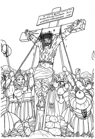 The Soldiers Lift Up The Cross With Jesus On It And Plant It In The Ground Coloring Page